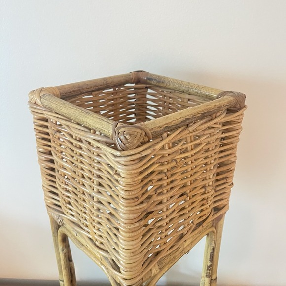 Vintage Art Nouveau Molded Rattan Burnt Bamboo Square Plant Stand Table MCM Boho - Picture 4 of 9